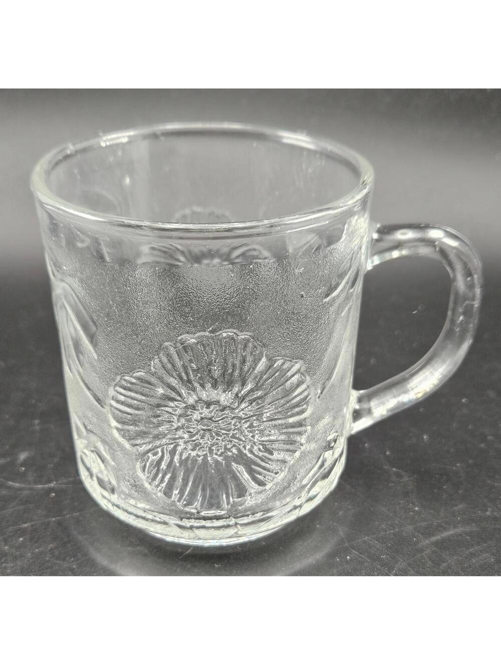 Vintage KIG Clear Tropical Floral and Palm Tea Cup Coffee Mug 3.5 In Tall 1980s